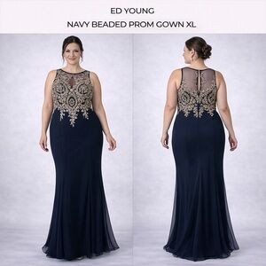 ED YOUNG NAVY BEADED PROM FORMAL GOWN XL